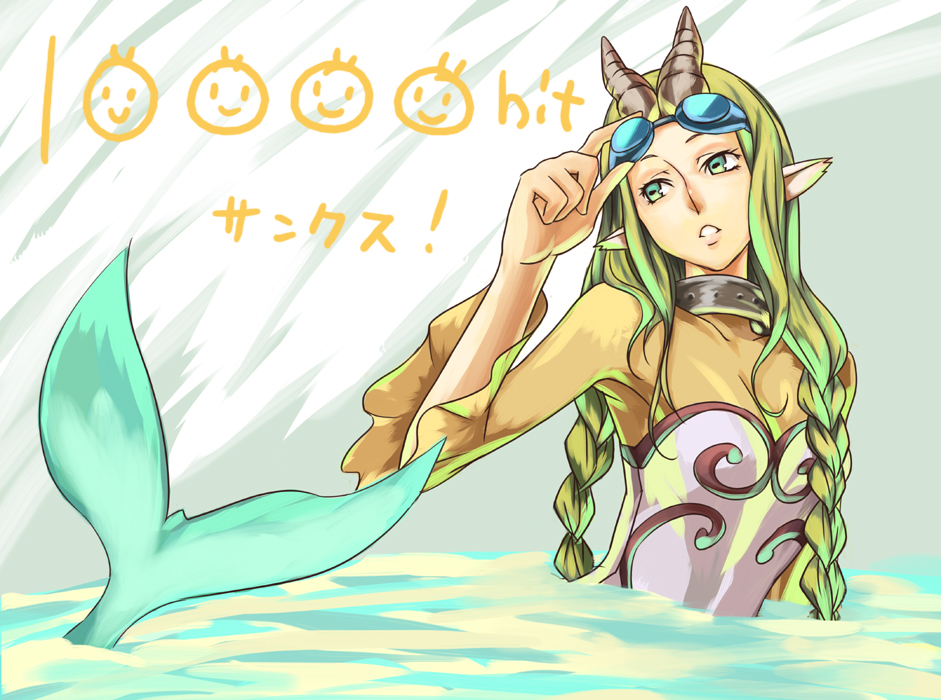 1girl braid breasts chan_co cleavage collar goggles goggles_on_head green_eyes green_hair hits horns impossible_clothes impossible_shirt long_hair mermaid monster_girl original parted_lips pointy_ears shirt slit_pupils small_breasts solo twin_braids water