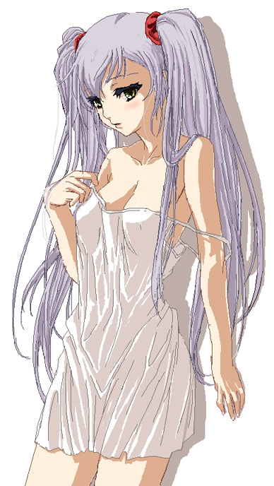 1girl 90s bare_shoulders blush chemise hoshino_ruri kidou_senkan_nadesico kidou_senkan_nadesico_-_prince_of_darkness kirisato_itsuki solo strap_slip twintails