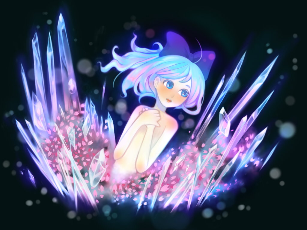 1girl ahoge bad_id blue_eyes blue_hair cherry_blossoms cirno crystal female flat_chest hands_together ice mame_usagi multicolored_hair open_mouth petals pink_hair ribbon solo topless touhou