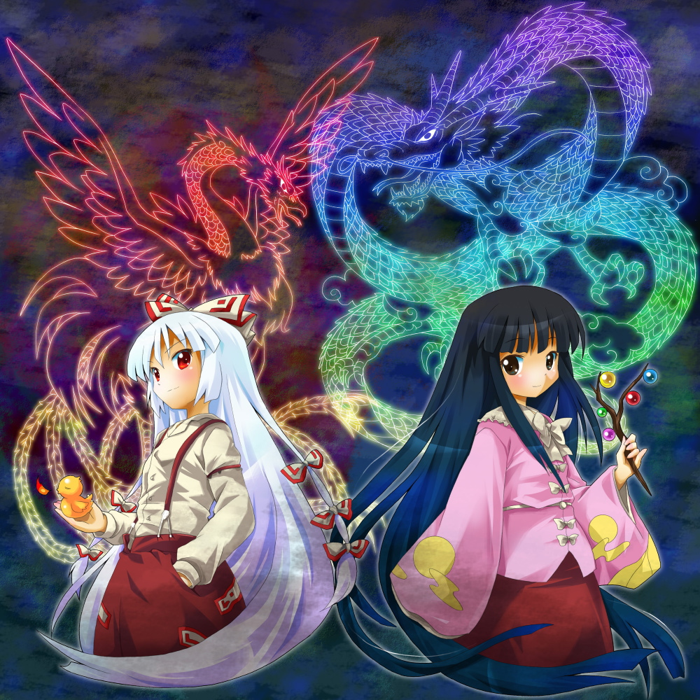 2girls bad_id bird black_hair blush bow branch brown_eyes dragon dress eastern_dragon female fire fujiwara_no_mokou hair_bow hand_in_pocket houraisan_kaguya jeweled_branch_of_hourai long_hair michii_yuuki multiple_girls pants phoenix red_eyes ribbon rubber_duck smile suspenders touhou very_long_hair white_hair