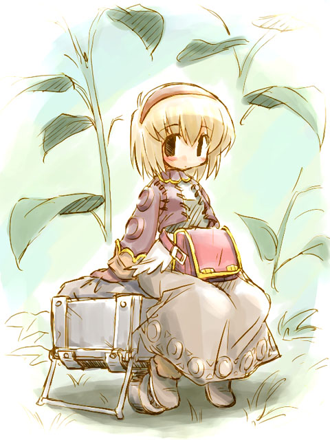 1girl bag bench blonde_hair blush full_body grey_skirt hairband handbag leaf long_skirt long_sleeves looking_at_viewer merchant merchant_(ragnarok_online) on_lap ragnarok_online short_hair sitting skirt solo suka sweater