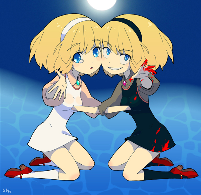 2girls blonde_hair blood blue_eyes brooch hairband jewelry kneeling multiple_girls original short_hair tears ukke