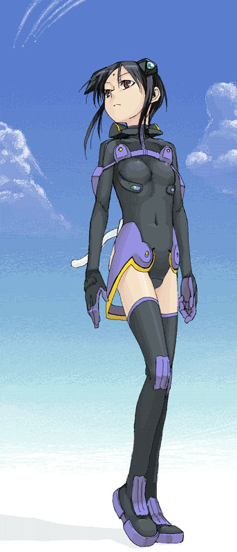 1girl aesha_krishnam aisha_krishnam bindi black_boots black_gloves black_hair black_legwear boots breasts clouds condensation_trail covered_navel day expressionless facial_mark forehead_mark gloves headgear leotard looking_to_the_side motionslit oekaki pilot_suit red_eyes satou_atsuki shadow short_hair_with_long_locks sidelocks sky sky_girls small_breasts solo standing thigh-highs thigh_boots turtleneck