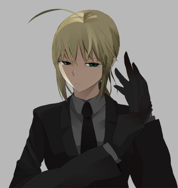 1girl adjusting_clothes ahoge androgynous artist_request blonde_hair fate/stay_night fate/zero fate_(series) female formal frown gloves green_eyes necktie pant_suit reverse_trap saber short_hair simple_background solo suit