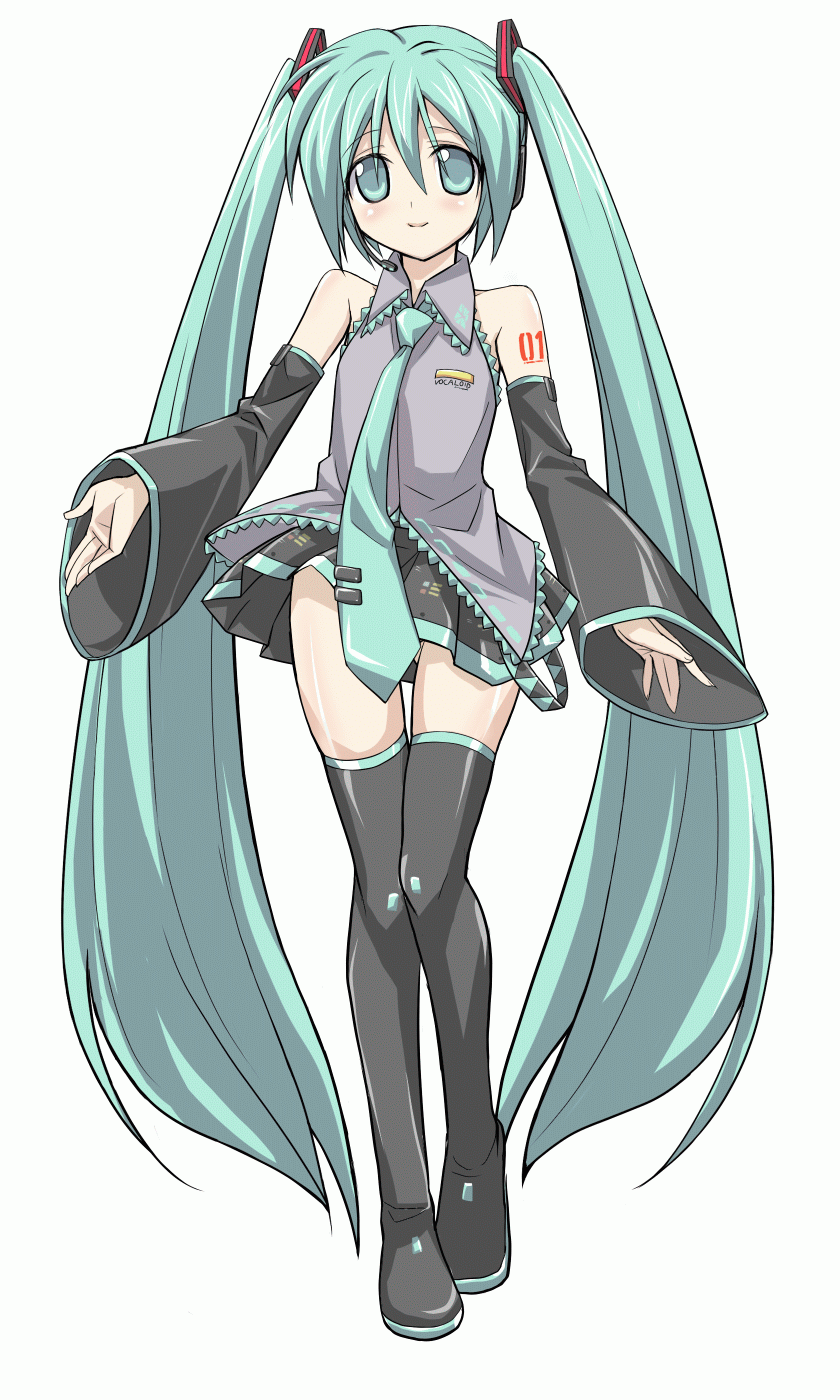 1girl animated animated_gif aqua_eyes aqua_hair blinking boots detached_sleeves eeeeee hatsune_miku highres long_hair music necktie singing solo thigh-highs thigh_boots twintails vocaloid