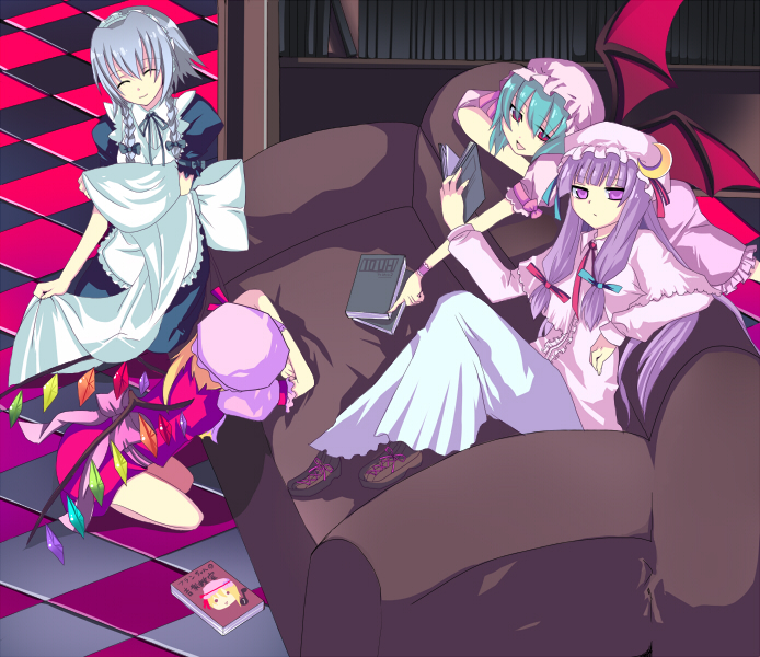 4girls bat_wings book couch dress female flandre_scarlet harano indoors izayoi_sakuya maid multiple_girls patchouli_knowledge remilia_scarlet the_embodiment_of_scarlet_devil touhou wings