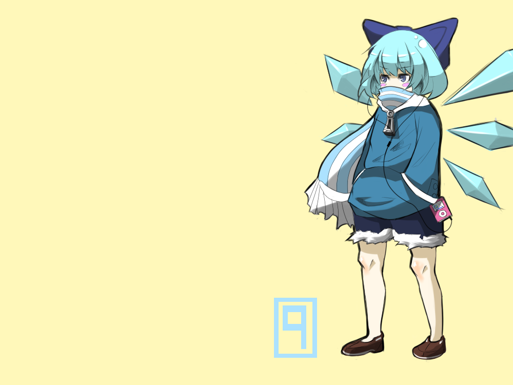 (9) 1girl alternate_costume blue_eyes blue_hair blush bow casual cirno contemporary digital_media_player female ipod jacket melonpan_(artist) perfect_cherry_blossom scarf short_hair shorts solo touhou wings