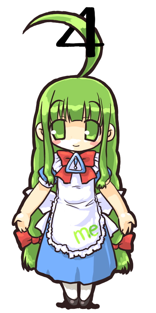 1girl ahoge chibi dd_(ijigendd) green_eyes green_hair hair_ribbon huge_ahoge long_hair long_image me-tan os-tan ribbon smile solo tall_image