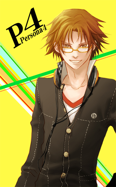 1girl atlus brown_eyes brown_hair buttons collarbone copyright_name cowboy_shot expressionless gakuran glasses hanamura_yousuke long_sleeves looking_at_viewer persona persona_4 school_uniform simple_background solo yellow_background