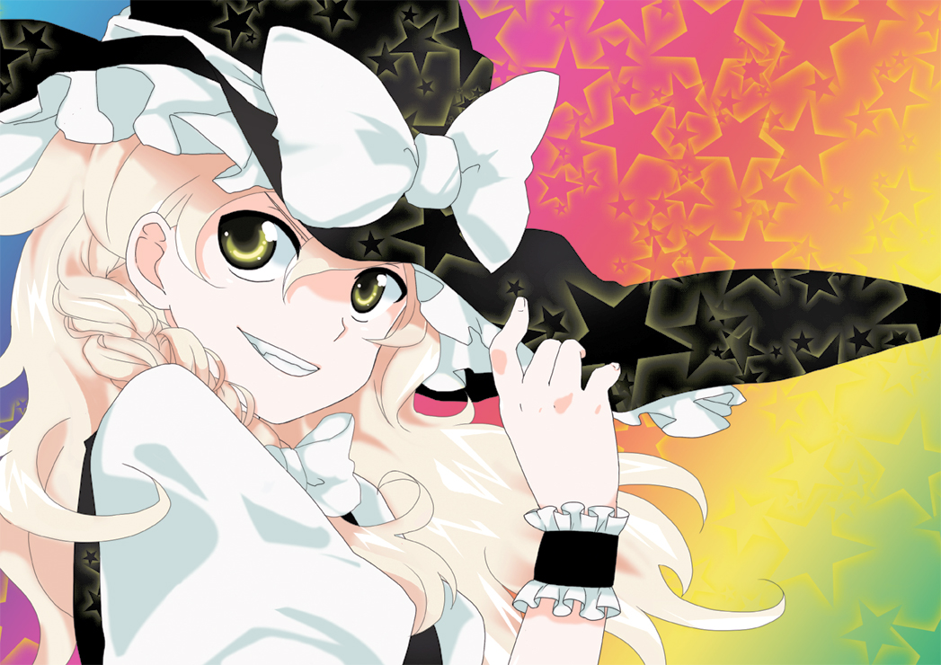 1girl bad_id blonde_hair braid female grin hand_on_headwear hands hat ica inaka kirisame_marisa long_hair ribbon smile solo star touhou upper_body witch witch_hat wrist_cuffs wristband yellow_eyes