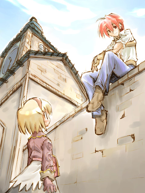 1boy 1girl ahoge back belt_pouch blacksmith blacksmith_(ragnarok_online) blonde_hair blue_pants blue_sky blush boots brick_wall building clock clock_tower clouds eye_contact from_below gloves hairband long_sleeves looking_at_another merchant merchant_(ragnarok_online) outdoors pants ragnarok_online red_eyes redhead shirt skirt sky sleeves_folded_up sleeves_rolled_up suka tower wall white_shirt