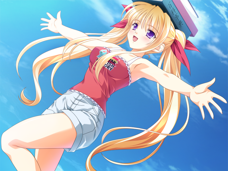 1girl blonde_hair book braid dutch_angle game_cg hair_ribbon nagisano outstretched_arms ribbon shorts sky solo spread_arms twintails violet_eyes yagyuu_aoi