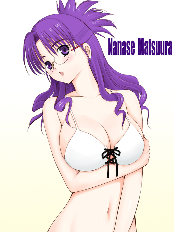 bikini breasts cleavage glasses huge_breasts large_breasts long_hair macross macross_frontier matsuura_nanase niwatori_kokezou purple_hair swimsuit violet_eyes