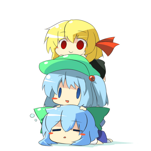 3girls =_= blonde_hair blue_eyes blue_hair blush_stickers bow chibi cirno female hair_bobbles hair_ornament hair_ribbon hat human_tower kawashiro_nitori lowres multiple_girls oka_(bananashoe) red_eyes ribbon rumia short_hair sleeping smile stacking the_embodiment_of_scarlet_devil touhou youkai