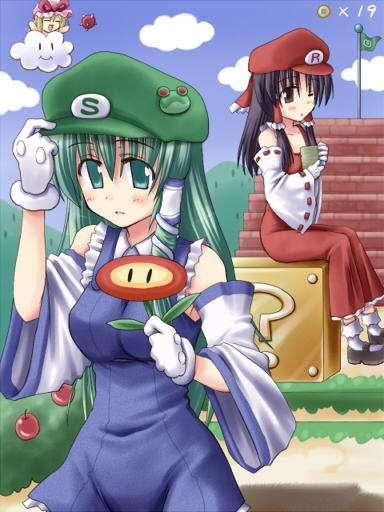 3girls =_= ?_block \o/ arms_up berry blonde_hair bobby_socks color_connection cosplay costume creaholic crossover drink fire_flower flag flagpole flower gloves green_hair hakurei_reimu hand_on_headwear hat japanese_clothes kochiya_sanae lakitu long_hair luigi luigi_(cosplay) mario mario_(cosplay) super_mario_bros. mary_janes miko multiple_girls nintendo one_eye_closed outstretched_arms parody ribbon shoes short_hair socks spiny super_mario_bros. toshihiro touhou white_gloves wink yakumo_yukari