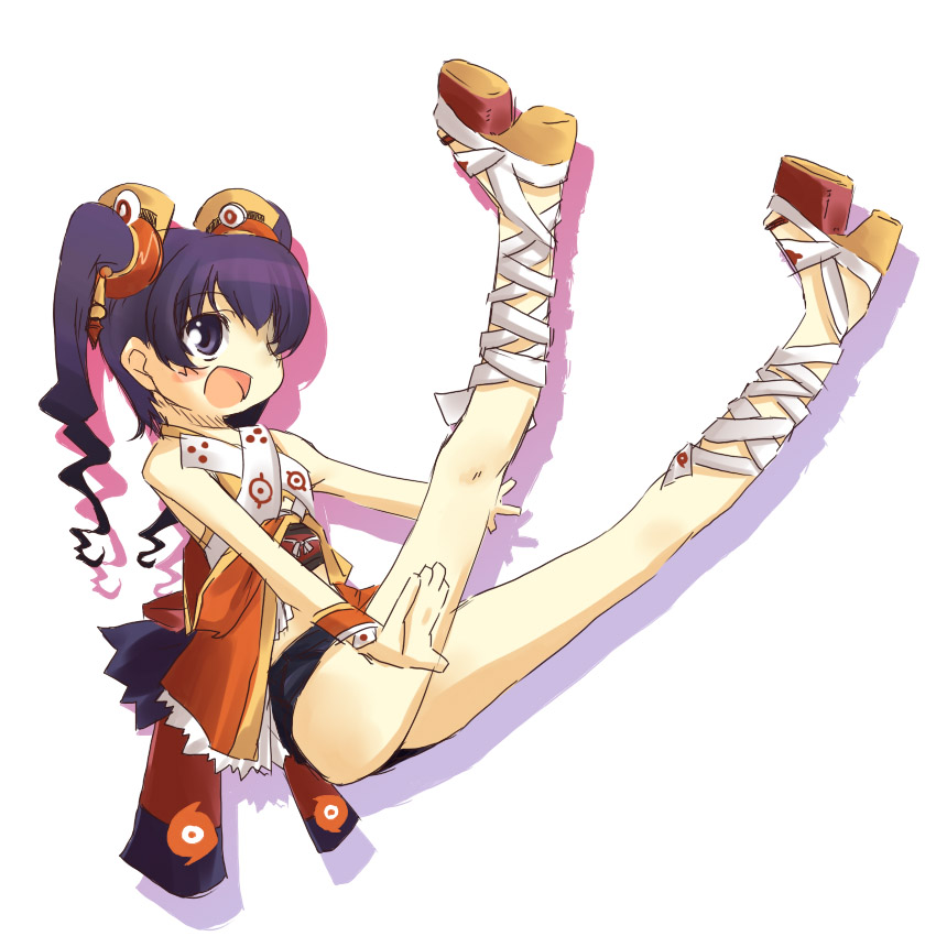 1girl ar_tonelico ar_tonelico_ii blush cocona cocona_vatel female flat_chest full_body gust hair_ornament legs_up long_hair open_mouth platform_footwear purple_hair shadow shorts solo takamura_kazuha twintails violet_eyes