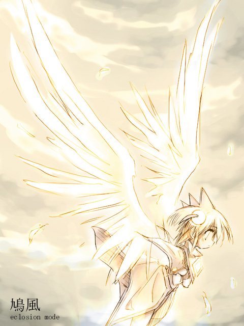 1girl angel angel_wings blonde_hair blush brown_eyes closed_mouth dress feathers from_side hatopuu long_sleeves profile short_hair solo suka ukagaka upper_body white_dress wings