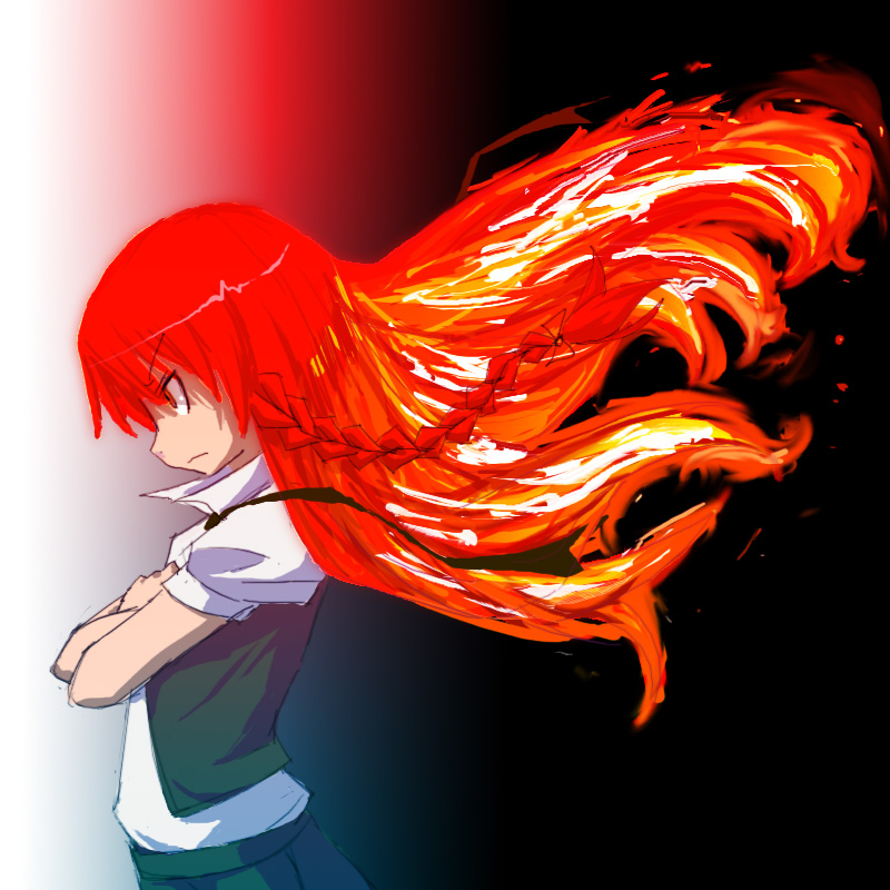braid crossed_arms crossover fiery_hair fire hong_meiling nono_(top_wo_nerae_2!) parody red_eyes redhead top_wo_nerae_2! touhou