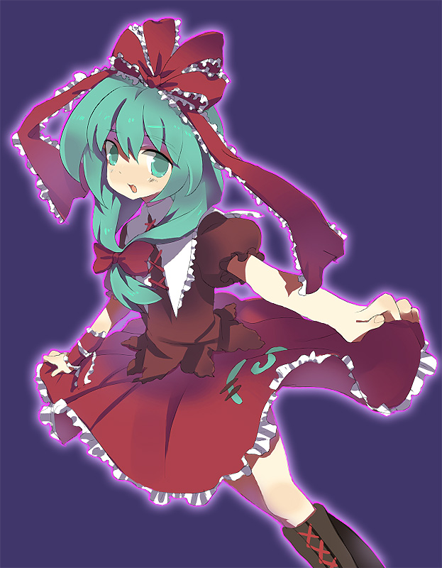 1girl bad_id curtsey dadami female front_ponytail green_eyes green_hair hair_ribbon kagiyama_hina long_hair ribbon solo touhou