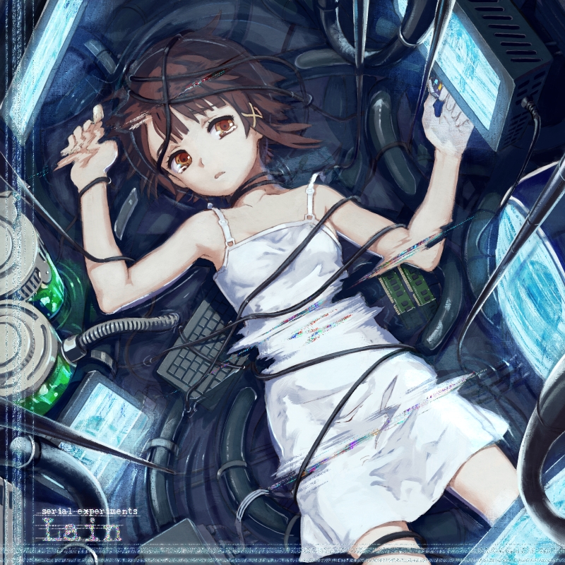 brown_eyes brown_hair cable chemise computer computer_keyboard distortion hair_ornament hairclip iwakura_lain lingerie lying monitor negligee serial_experiments_lain short_hair solo static tears toto_(vanilla) underwear water wire