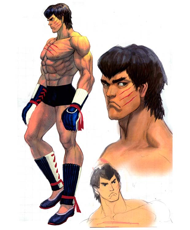 1boy abs alternate_costume black_hair blood boxing_gloves concept_art enter_the_dragon fei_long flats greaves ikeno_daigo muscle official_art parody scar shirtless shorts solo street_fighter street_fighter_iv