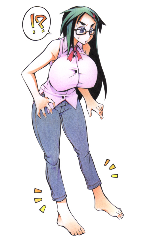 barefoot breasts eyebrows feet glasses green_hair huge_breasts jeans solo thick_eyebrows ushi