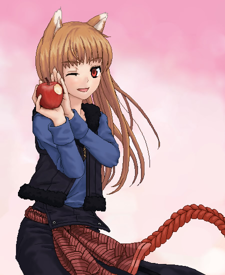 apple bad_id brown_hair dress food fruit holding holding_fruit holo long_hair red_eyes skirt spice_and_wolf tail wink wolf_ears