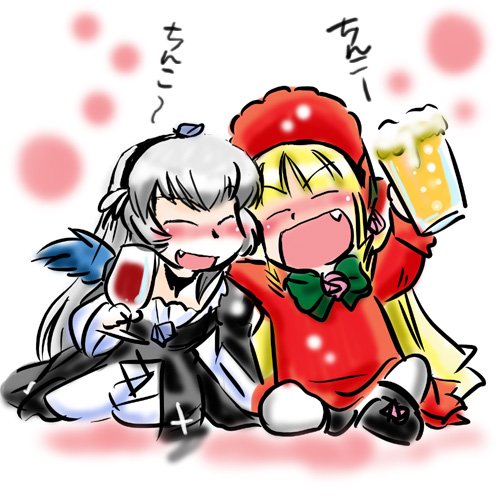 beer blonde_hair bonnet chibi drunk fang long_hair lowres rozen_maiden shinku shouzu_choukou silver_hair suigintou wine wings