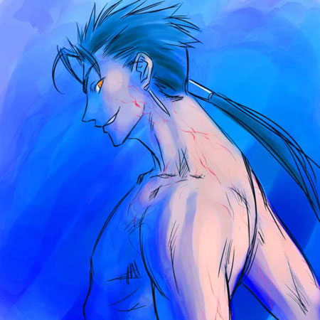 blue blue_background blue_hair earrings fate/stay_night fate_(series) grin jewelry lancer long_hair lowres male muscle neck orange_eyes ponytail scars shirtless smile solo