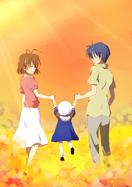 blue_hair brown_hair clannad closed_eyes dress family from_behind furukawa_nagisa hand_holding hat holding_hands husband_and_wife mina_m okazaki_tomoya okazaki_ushio school_uniform short_hair