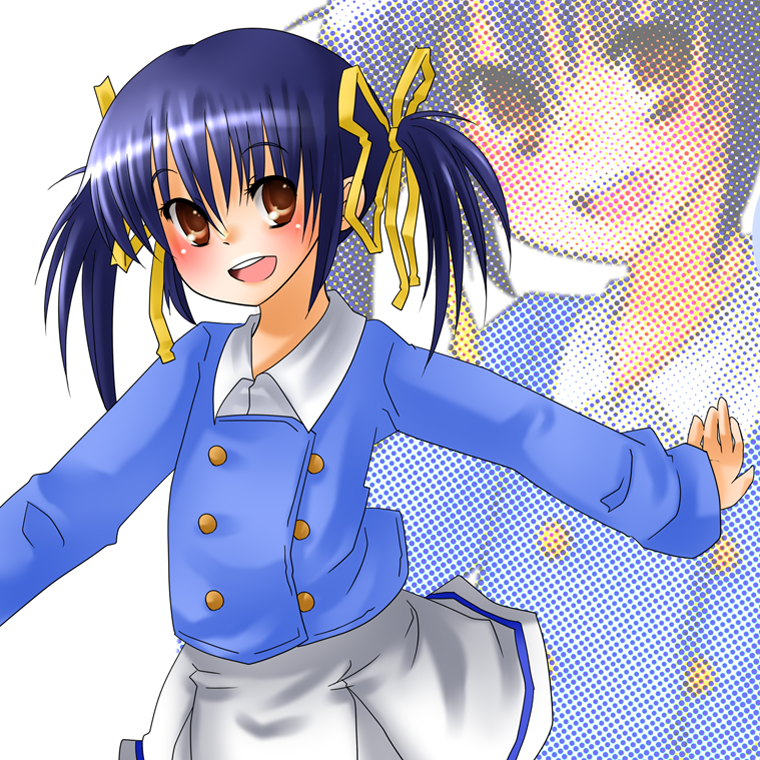 blue_hair brown_eyes chon_hi clannad open_mouth outstretched_arms short_hair solo spread_arms sunohara_mei twintails zoom_layer