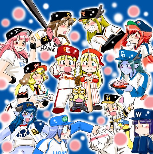 astaroth astaroth_(shinrabanshou) azuki_osamitsu baseball baseball_bat baseball_cap baseball_uniform black_sclera blue_skin byakko character_request chiba_lotte_marines chibi chunichi_dragons clothes_writing daiginjou fukuoka_softbank_hawks futaba_channel genbu hanshin_tigers hat hiroshima_touyou_carp hokkaido_nippon-ham_fighters kiri-san kirin_(nijiura_maid) kouryuu kunkun lowres nijiura_maids nippon_professional_baseball orix_buffaloes os prier saitama_seibu_lions seiryuu shinku shinrabanshou shouzu_choukou sportswear suzaku taiyou_whales tiger tokyo_yakult_swallows touhoku_rakuten_golden_eagles yomiuri_giants