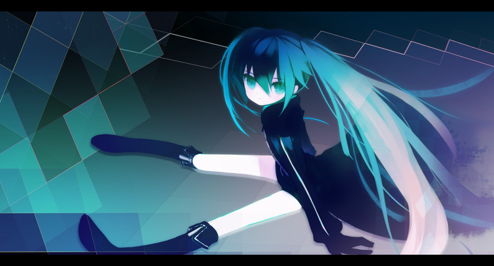 belt black_hair black_rock_shooter black_rock_shooter_(character) blue_eyes blue_hair boots checkered coat flat_chest gloves glowing glowing_eyes hood hooded_jacket jacket knee_boots long_hair pale_skin puti_devil short_shorts shorts sitting solo star stare twintails uneven_twintails very_long_hair