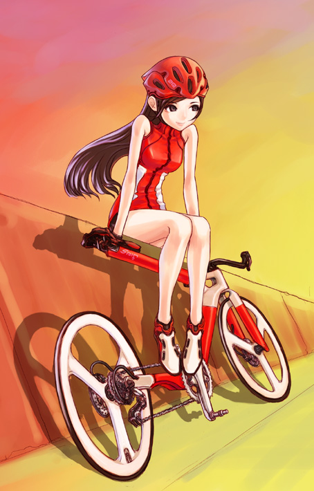 bicycle brown_eyes brown_hair dusk evening gloves helmet kazuoki legs long_hair original sitting smile solo wind