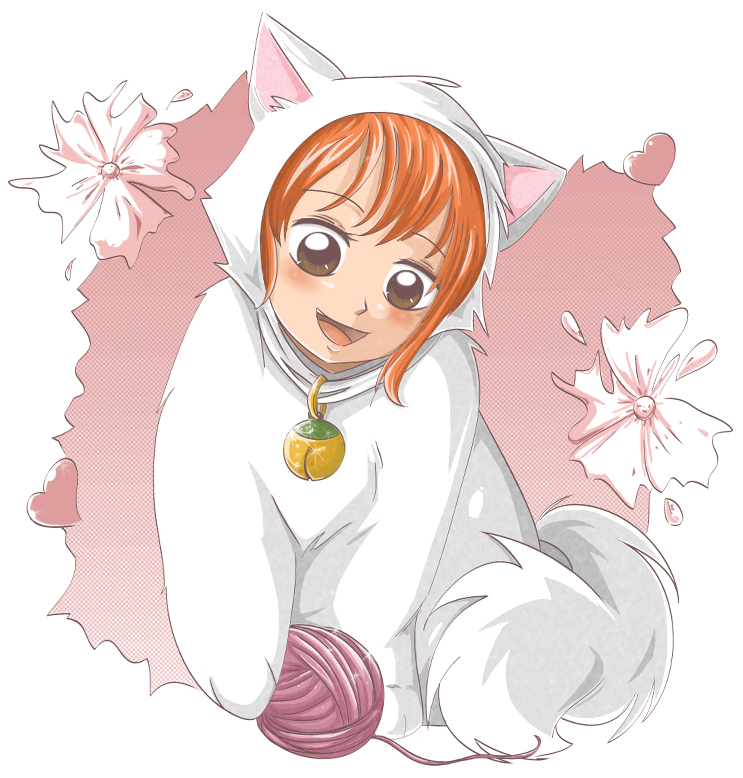 animal_ears bell clew collar nami one_piece orange_hair short_hair smile solo yarn