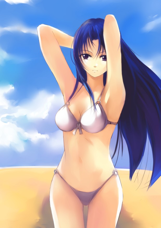 arms_up beach bikini blue_hair darkdoor kawashima_ami long_hair purple_eyes swimsuit toradora! violet_eyes