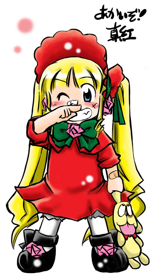 bandaid blonde_hair blue_eyes chibi kunkun long_hair rozen_maiden shinku shouzu_choukou stuffed_animal stuffed_toy twintails wink