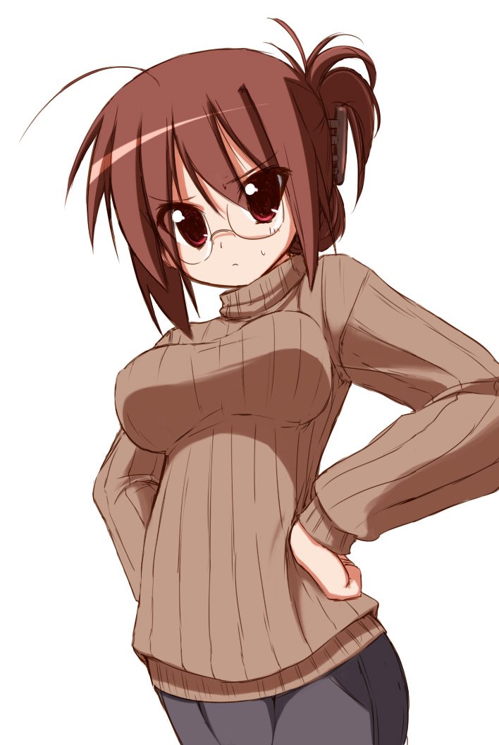 &gt;:( 1girl ahoge annoyed brown_hair glasses hands_on_hips hoppege impossible_clothes impossible_sweater original red_eyes ribbed_sweater shirt simple_background sweater turtleneck