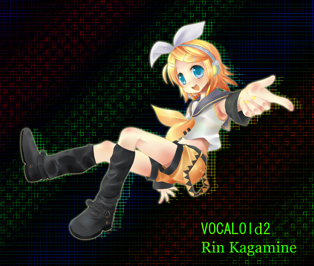 1girl :d arm_at_side arm_warmers bangs belt black_boots blonde_hair blouse blue_eyes blush boots bow character_name copyright_name hair_bow hair_ornament hairclip headphones kagamine_rin looking_at_viewer microphone open_mouth outstretched_arm reaching ribbon sailor_collar short_hair shorts sleeveless smile solo swept_bangs tagme taicho128 vocaloid white_blouse white_bow yellow_ribbon