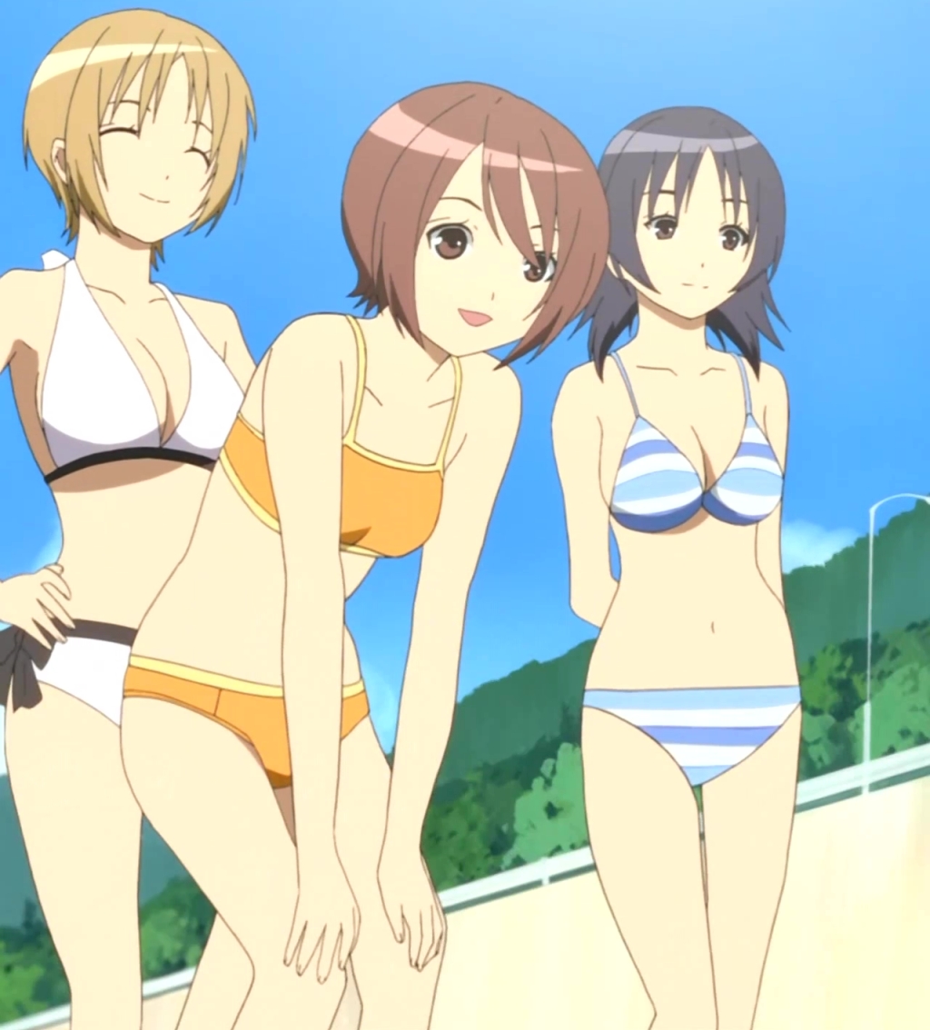 3girls atsuko bikini hayami maki_(minami-ke) minami-ke multiple_girls screencap stitched swimsuit