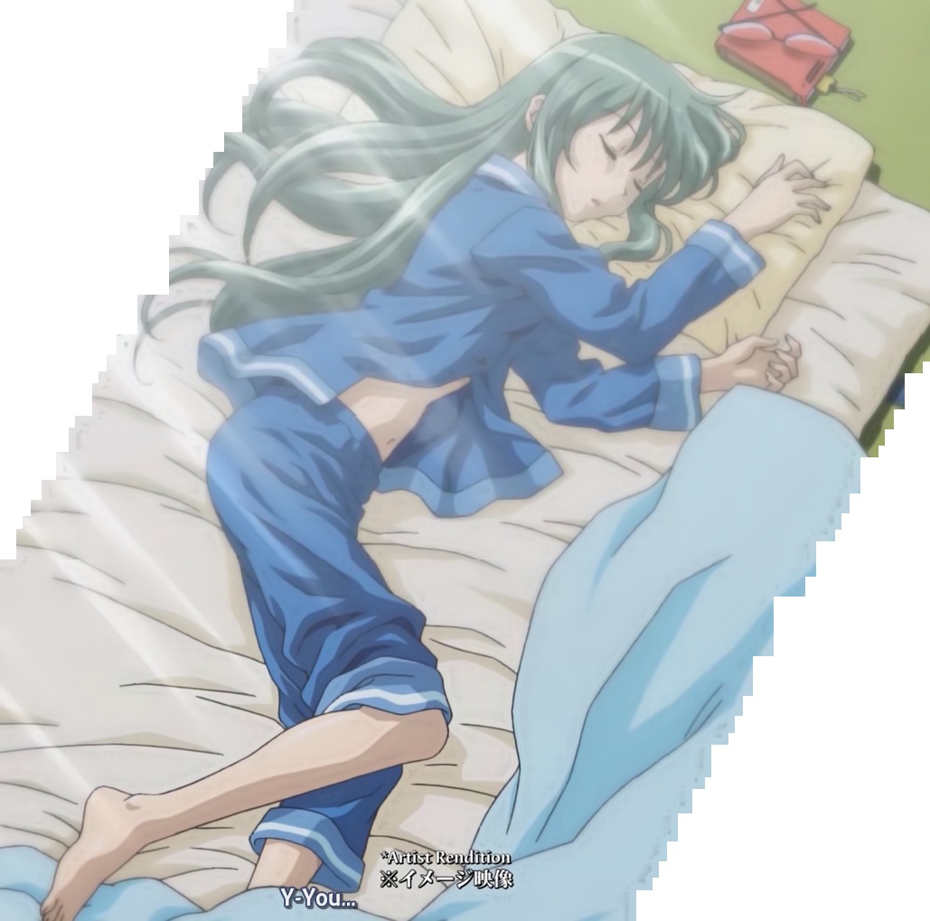 barefoot bed book glasses green_hair hayate_no_gotoku! kijima_saki long_hair midriff pajamas screencap sleeping stitched subtitled