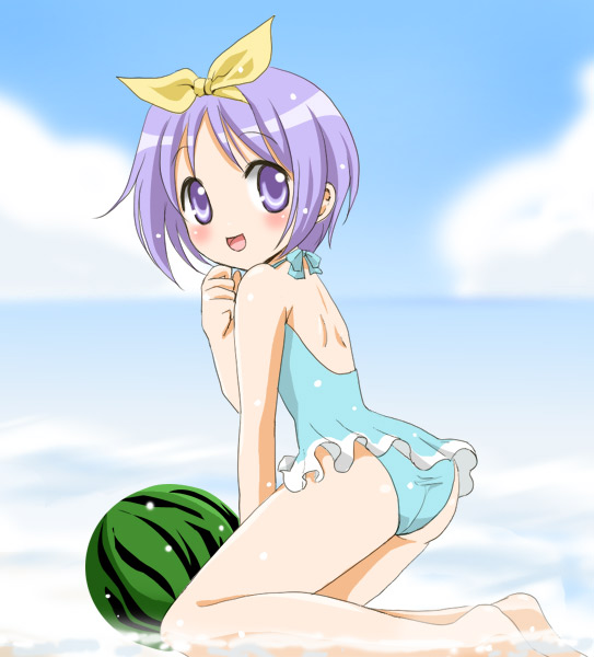:d ass back beach blush casual_one-piece_swimsuit food frilled_swimsuit frills fruit hair_ribbon halterneck hand_to_own_mouth hiiragi_tsukasa kneeling looking_back lucky_star ocean one-piece_swimsuit open_mouth purple_hair ribbon short_hair smile swimsuit violet_eyes wading watermelon