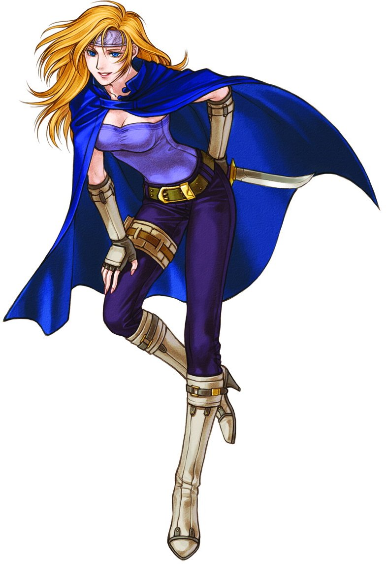1girl arm_behind_back belt blonde_hair blue_eyes boots breasts cape cleavage female fingerless_gloves fire_emblem fire_emblem:_akatsuki_no_megami full_body gloves grin hair_intakes hand_on_own_leg headband heather_(fire_emblem) high_heels kita_senri kneehighs knife leaning leaning_forward lips lipstick long_hair makeup official_art pants shoes small_breasts smile solo standing standing_on_one_leg strapless tubetop weapon