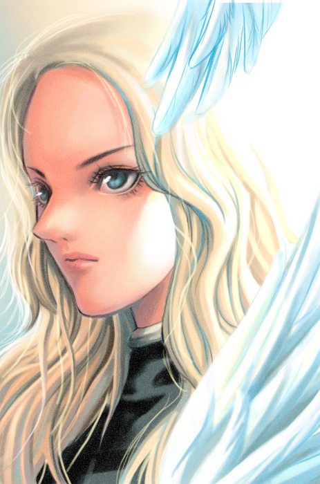 1girl blonde_hair claymore close-up closed_mouth expressionless face green_eyes grey_eyes lips simple_background solo teresa white_background