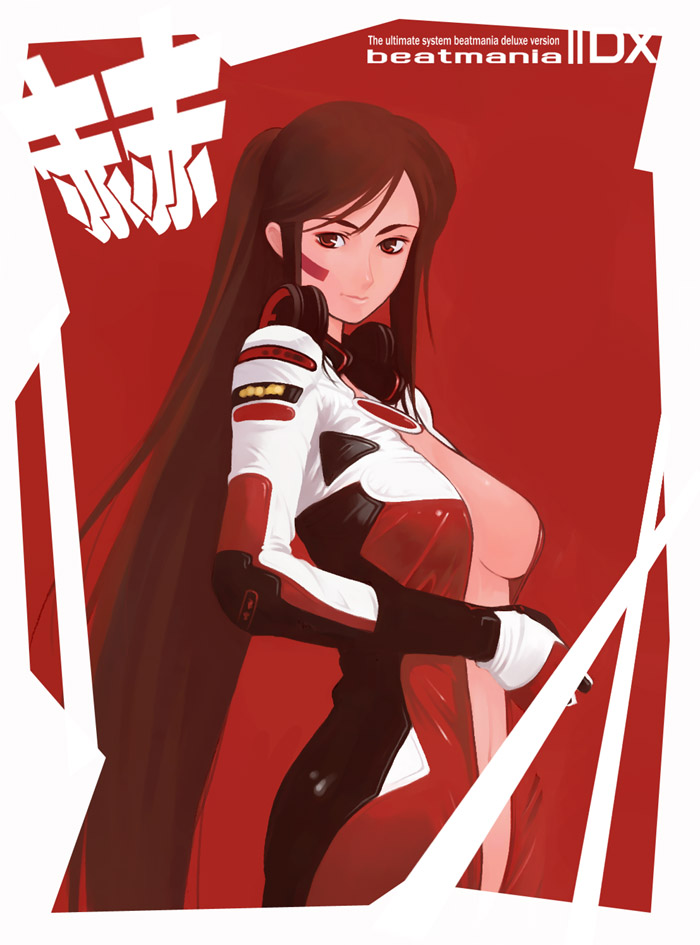 1girl beatmania beatmania_iidx bemani biker_clothes bikesuit bodysuit breasts dj_sakura g-room_honten gloves headphones headphones_around_neck latex red red_eyes redhead sakura_(beatmania_iidx) sideboob solo unzipped