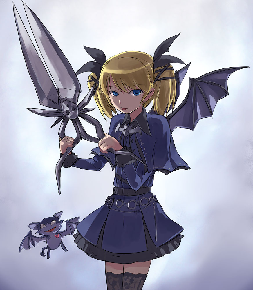 1girl :p bat bat_wings belt blonde_hair blue_eyes casper_(deathsmiles) cave_(developer) deathsmiles hirosato scissors skirt solo thigh-highs tongue tongue_out twintails wings zettai_ryouiki