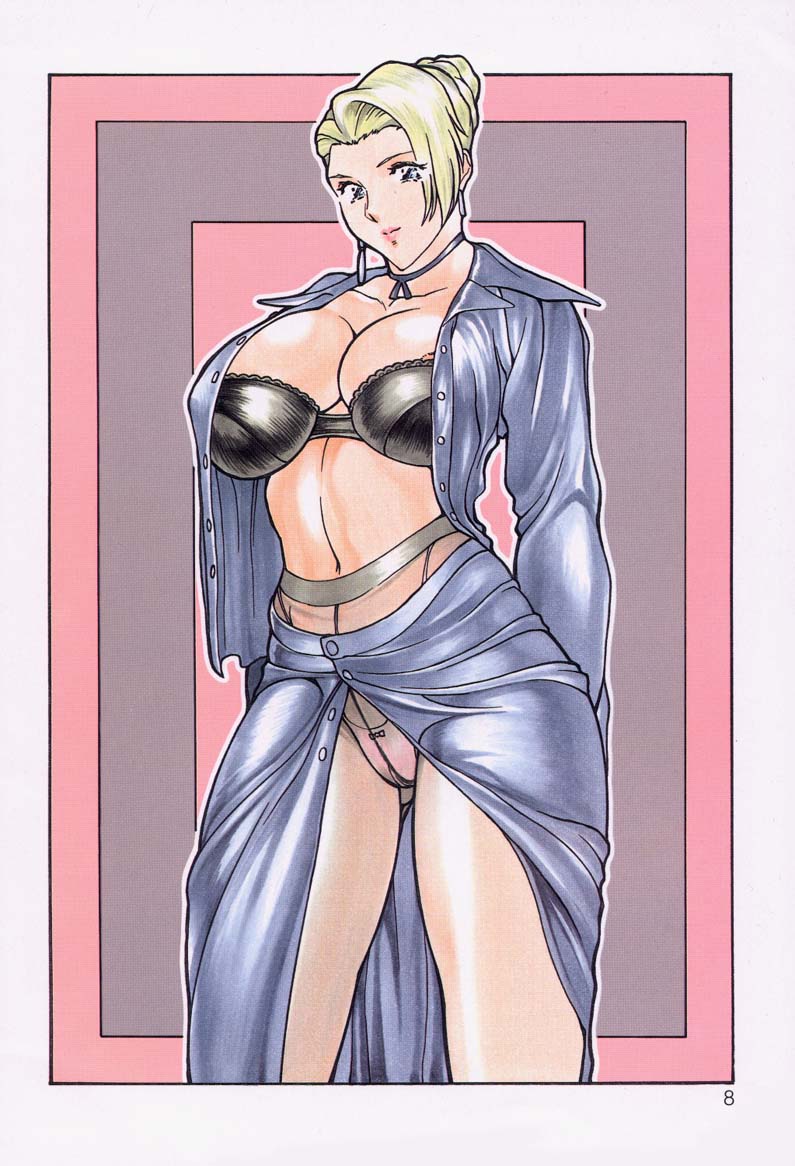 1girl blonde_hair blue_eyes bra breasts collarbone crotch_seam curvy earrings hips huge_breasts jewelry king_of_fighters lingerie lips mature_(kof) navel open_clothes open_shirt panties panties_under_pantyhose pantyhose rippadou shirt snk solo the_king_of_fighters thighs unbuttoned underwear wide_hips