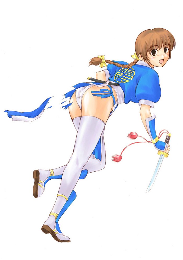 1girl :o ass blue_dress blue_eyes brown_hair dead_or_alive dress from_behind kasumi_(doa) looking_at_viewer looking_back open_mouth pelvic_curtain puffy_short_sleeves puffy_sleeves short_sleeves simple_background solo surprised tecmo thigh-highs torn_clothes torn_dress white_background