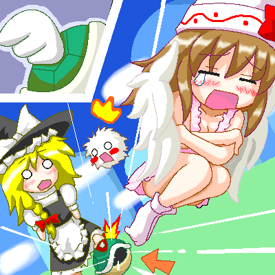 2girls crossover kedama kirisame_marisa koopa koopa_paratroopa koopa_troopa lily_white lowres super_mario_bros. multiple_girls myonde nintendo oekaki parody shell super_mario_bros. touhou wings