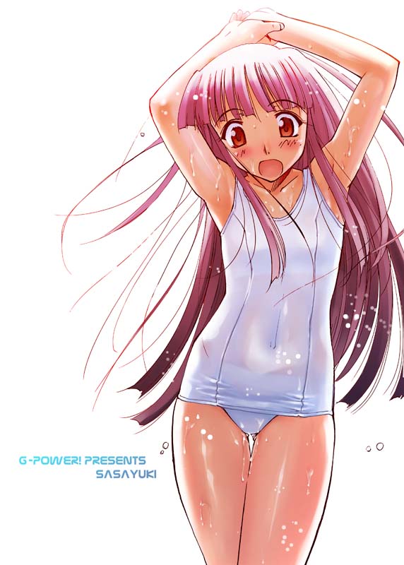 1girl armpits blush brown_eyes flat_chest long_hair one-piece_swimsuit redhead sasayuki school_swimsuit solo surprised swimsuit wet white_school_swimsuit white_swimsuit